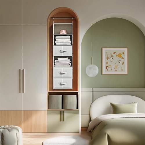6-Shelf Hanging Closet Organizer with 3 Fabric Drawers, Silver Gray - Image 2