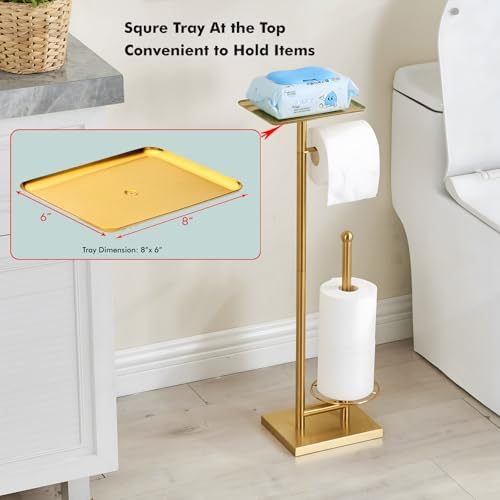 Toilet Paper Holder with Tray At the Top, Heavy-Weighted Base No Wobbly, Freestanding Toilet Paper Rolls Stand, Hold Extra 3 Paper Rolls On the Base (Gold) - Image 2