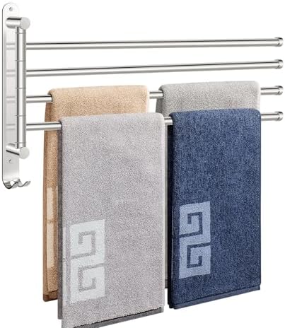 NearMoon Swivel Towel Rack, 19.5" Thicken 304 Stainless Steel 4-Arm Towel Bar, Space Saving Wall Mounted Towel Holder with Hook, Rustproof Swing Out Towel Hanger for Bathroom, Kitchen (Chrome Finish) by NearMoon