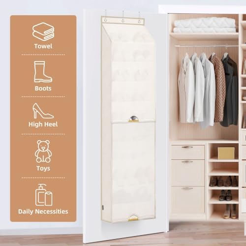 STORAGE MANIAC Over Door Shoe Organizer with Curtain Dustproof Heavy-Duty Large Deep Pocket Hanging Shoe Organizer for Closet Dorm & Narrow Door Storage Shoe Holder Shoe Rack, 9-Shelf Off White 1 Pack - Image 5
