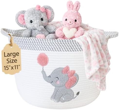 Elephant Baby Storage Basket for Girls, Cotton Rope Nursery Bin, 15x11 in by KeminaBlankets
