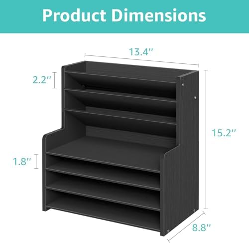 7 Tier Black Desk Organizer with File Holder, Wood Desktop Paper Organizer for Office Organization, Vertical Document Sorter and Letter Tray for Desk, School Storage Orgnizer Shlef - Image 2