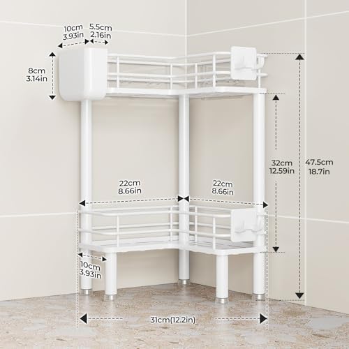 Orimade Rustproof 2 Tier Floor Standing Corner Shower Caddy Organizer with Toothbrush Holder, Large Spacing Floor Shower Shelf Rack Storage Stands with Hooks for Bathroom Kitchen, White - Image 2