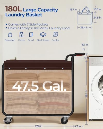 Kayfia 180L Rolling Laundry Hamper, Laundry Basket with Wheels, Black - Image 2