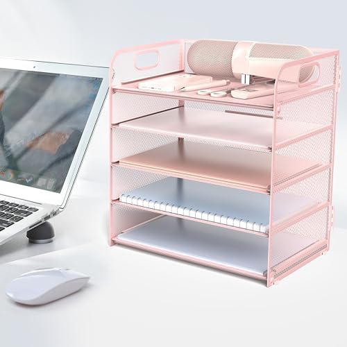 Sinboun Letter Tray Paper Organizer 5-Tier Desk Organizer File Organizer Paper Holder with Handle, Metal Desktop Document Shelf Tray Office Classroom Organization - Pink, PK5CENGTISHOU - Image 6