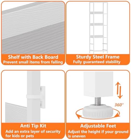Furnulem 4-Tier Corner Shelf,White Narrow Bookshelf with 2 Storage Drawers - Image 5