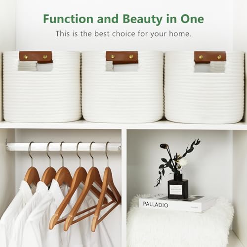 ECDYQXVU 15x10x9 Woven Cotton Rope Storage Basket, Leather Handles 3 Pack - Image 5