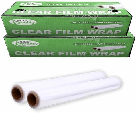 24" x 2000FT Clear Cling PE Food Wrap, Plastic Cling Wrap with Dispenser Cutter Box - BPA Free, Food Safe, Plastic Film Roll, Microwave & Freezer Safe Stretch Wrap for Food Service & Home Use (4) by EcoQuality