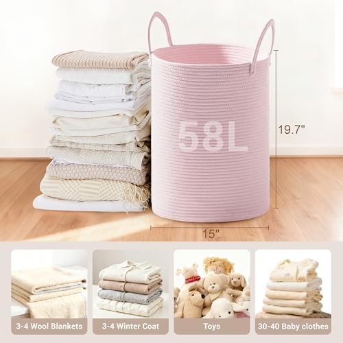 58L Tall Cotton Rope Laundry Basket with Handles, Pink - Image 2