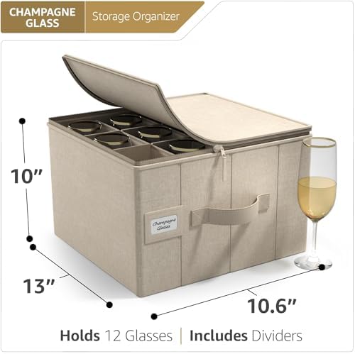 Sorbus Champagne Flute Storage Box, Hard-Shell Case, with Lid (Beige) - Image 3