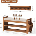 PETKABOO 31.5" Shoe Bench with Coat Rack Hidden Drawer and Side Holder, 2 Tier Entryway Bench with Storage, Bamboo Shoe Rack with Cushion for Entryway Hallway Living Room Bedroom - Image 2