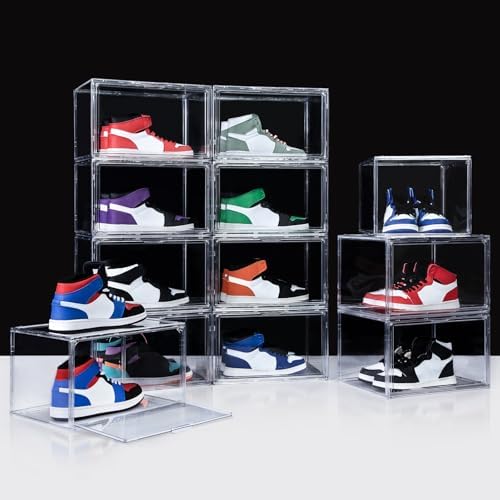 NYZE 12 Pack Acrylic Shoe Boxes Side Open, Clear Shoe Box Plastic Stackable, Shoe Storage Organizer with Magnetic Door, Shoe Display Shoe Containers with Lids Fits Up to Size 15 by GIVEYOUTHEBEST