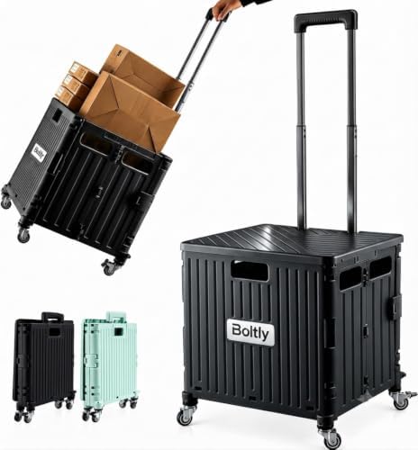 Folding Utility Cart Portable Rolling Crate Handcart Shopping Trolley Collapsible Tool Box, with Lid, Basket on 4 Rotating Wheels, for Grocery, Garden, Office, Storage, Teacher, Tool (Black) by Unknown