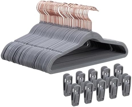14 Inch Kids Velvet Hangers 50 Pack, Non-Slip Child Hangers, Space-Saving Closet Hangers for Big Kids & Youth, Durable Felt Kids Hangers with 10 Clips & 360° Rose Gold Hook (Gray) by TonswachicHangersSpaceSaver