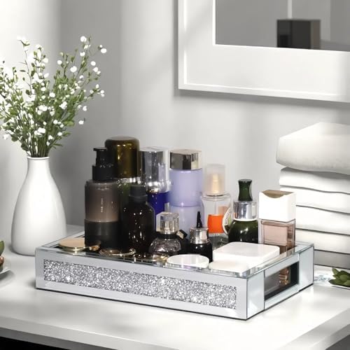 Rectangle Glass Tray with Handles for Dresser, Mirror Makeup Organizer Perfume Display, Crushed Diamond Home Decor Accent for Vanity, Living Room Tables, Silver(12”x7.7”x2”) - Image 4
