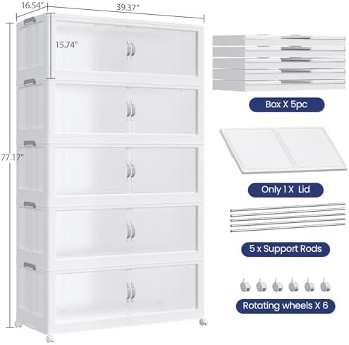 1600QT Extra Large Stackable Storage Bins with Lid, 400Gal Plastic Closet Organizers and Storage Drawer, Collapsible Cabinet Box with Wheels Clear Doors for Home Kitchen Office, 5Pack White - Image 2