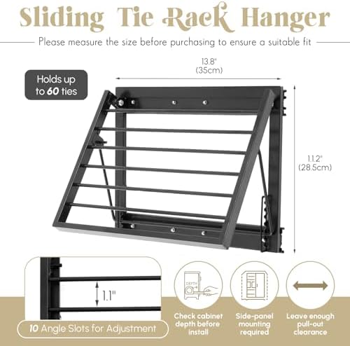 Blulu 13.8'' Sliding Tie Rack for Closet(Right Pull-Out), 60 Tie Pull Out Belt Hanger Wall Mounted Extending Metal Belt Organizer,Black - Image 2