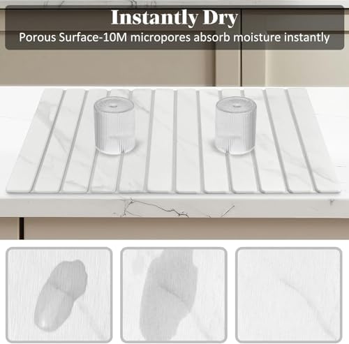 2 PCS Extra Large Stone Dish Drying Mat for Kitchen Counter, Foldable Quick Drying Dish Mats, Super Absorbent Drying Pad, Kitchen Counter Mats for Cups, Dishes, Bottles (White Marble 28"×16" & 8"x4") - Image 2