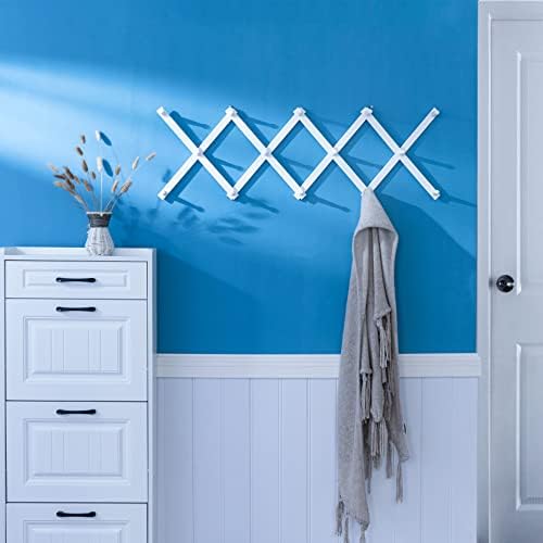 SKOLOO Hat Rack for Wall with 14 Hooks, Solid Wooden, Modern, Expandable Coat Rack Wall Mount for Coats, Hats, Bags, Baseball Caps, White - Image 2