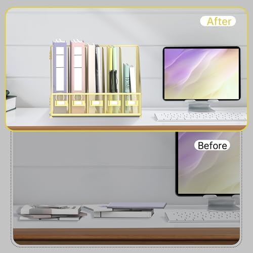 SUPEASY Desk Organizers Metal Desk Magazine File Holder with 5 Vertical Compartments Rack File Organizer for Office Desktop, Home Workspace, Gold Plus - Image 5