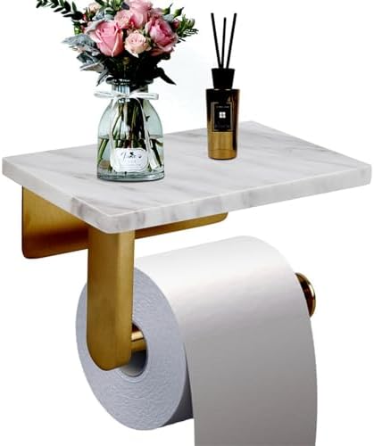 Toilet Paper Holder with Natural Marble Shelf for Bathroom Washroom,Wall Mounted Tissue Holder Suitable for Mega Roll (Brushed Gold, Small 6.7 * 4.3 in) by Nodafuer