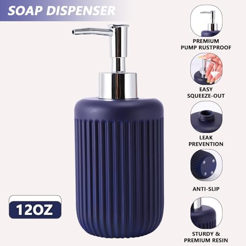 XLHOMO Resin Navy Blue Bathroom Accessories Set 5 Pcs, Lotion Soap Dispenser, Toothbrush Holder, Bathroom Tumbler, Qtip Holder and Vanity Tray, Bathroom Countertop Organizer Set for Modern Apartment - Image 3