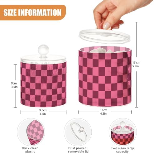 Checkered Hot Pink Qtip Holder Waterproof Dustproof Apothecary Jars with Lids For Bathroom Cotton Swabs Makeup Sponges Floss Picks Bath Salts 2 Pack - Image 3