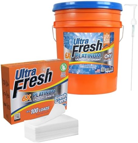Ultra Fresh 6X Platinum Laundry Detergent, Up to 640 Loads, Bleach Alt, 5 Gallon Bundled with Platinum 6X Laundry Detergent Sheets with Fresh Scent by UltraFresh