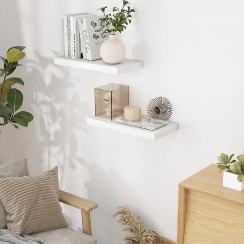 Fun Memories 16 Inch Long Floating Shelves in White, 9.3 Inch Deep Floating Shelf for Wall, Living Room, Kitchen, Rustic Deep Wood Shelves for Bathroom, 2 Pack Storage Display Shelf for Books, Decor - Image 2
