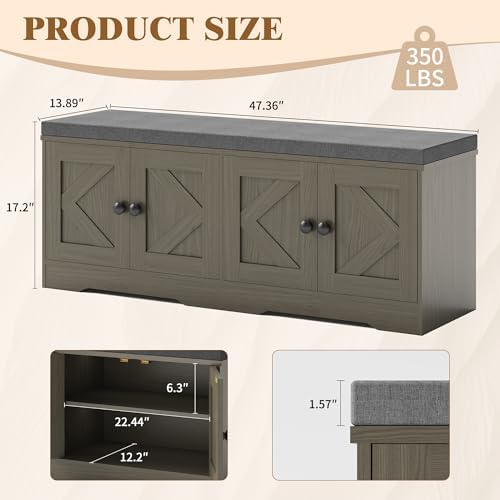 Apicizon Storage Bench with Seat Cushion, 2 Tier Entryway Bench with 4 Barn Doors, Adjustable Shelves, 47.36" Shoe Bench for Entryway Hallway Bedroom Living Room, Greige - Image 2