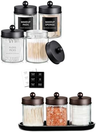 SheeChung Qtip Dispenser Holder, Glass apothecary jars with Acrylic Vanity Tray, Countertop Canister Guest Bathroom Essentials Storage Organizer for Cotton Swabs/Balls, Floss Picks by SheeChung