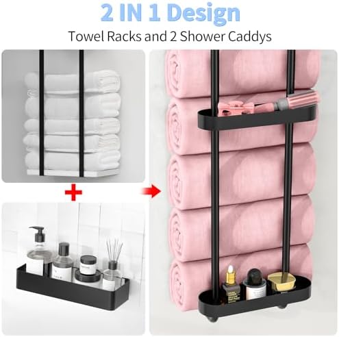 STWWO Bathroom Towel Storage, 36.4 Inch Towel Racks for Bathroom Wall Mounted with Shower Caddy with Metal Shelf, Black - Image 2