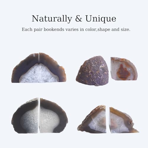 Natural Agate Geode Bookends - 4 to 5 lb Heavy Duty Rock Crystal Stone Book Ends for Shelves, with Rubber Bumpers, Decorative Book Holders for Home Office - Image 5