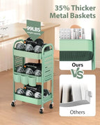 ALVOROG 3 Tier Metal Rolling Utility Cart with Pegboards,Baskets,Hook,Green - Image 3