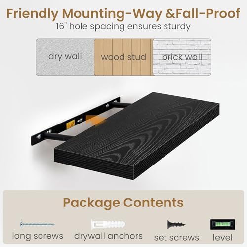 55 Inch Long Floating Shelves for Wall Set of 2, 55x9.3 Large Floating Shelf for Bedroom, Kitchen, Bathroom, Wall Mounted Rustic Wood Shelves with Invisible Bracket for Books, Decor, Black - Image 6
