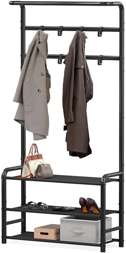 Simple Houseware Coat Rack with Shelf, Standing Hall Tree with Hooks, Black - Image 2