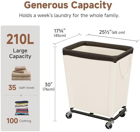 StorageWorks Laundry Hamper with Wheels, 210L Rolling Beige Basket - Image 2