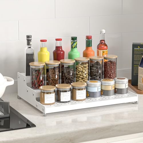 Expandable 3-Tier Metal Spice Rack, Heavy Duty Kitchen Step Shelf Organizer for Cabinet, Pantry & Countertop, Non-Slip Storage for Spices, Perfumes & Collectible Figures(WHITE,1PACK) - Image 3