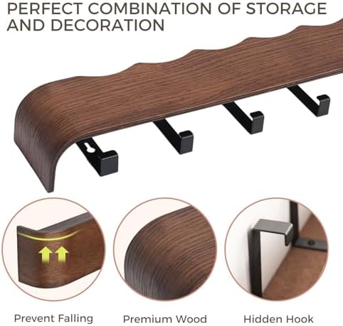 Coat Rack Wall Mount with Shelf Entryway Shelf Modern Key Holder Hanger Wall Shelves with Hidden Hooks for Hanging Towels Coats Hats Bags for Hallway Bathroom Bedroom(Wavy Walnut Color, 5 Hooks) - Image 5