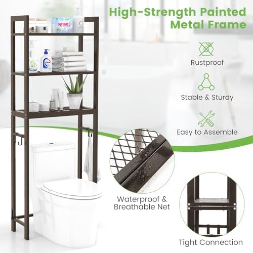 GIANTEX Over The Toilet Storage Shelf, 3-Tier Freestanding Space Saver Above Toilet Shelves with 3 Hooks & Adjustable Bottom Bar, Over Toilet Bathroom Organizer for Restroom, Laundry (Coffee) - Image 6