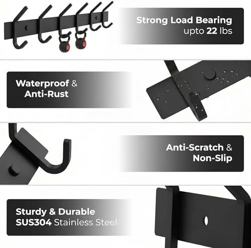 Coat Rack Wall Mount – 17 Inch Stainless Steel Hook Rail with 6 Double Coat Hooks for Hanging – Wall Mounted Entryway Organizer for Coats, Hats, Bags, Towels, Robes, Closet or Bathroom - Black 2 Pack - Image 3