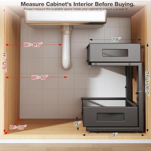 2 Packs 19IN Depth Under Sink Organizer, 2-Tier Pull Out Cabinet Organizer With Smooth Circular Rail, Large Capacity Metal Mesh Sliding Drawers For Bathroom& Kitchen Storage,Height Adjustable –Black - Image 2