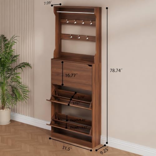 Walnut Hidden Shoe Cabinet with 3 Flip Drawer & Coat Rack, Entryway - Image 2