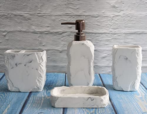 Hymmah Marble Bathroom Accessories Set,Marble Design Toothbrush Holder,Farmhouse Bathroom Decor,4 Pcs Resin Gift Set Apartment Necessities, Contain Toothbrush Cup,Soap Dispenser,Soap Dish,Tumbler - Image 3