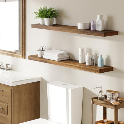 BAMEOS Floating Shelves,40 in W x 7in D Wall Mounted Wooden Shelves with Invisible Brackets Set of 2, Hanging Wall Shelves Decoration for Bedroom, Bathroom, Living Room and Kitchen,Rustic Brown - Image 6