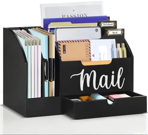 Wood Desk Organizer, Mail Organizer Countertop with Drawer, Black by Niciksty