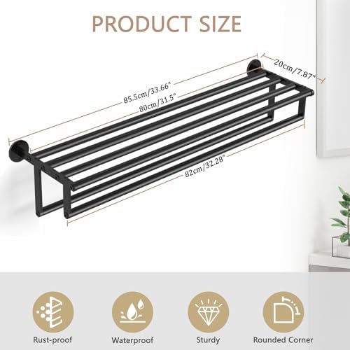 Double Towel Racks for Bathroom, 32Inch Double Towel Bar with Shelf, Towel Tack with Shelf, Wall Mount Towel Holder, Stainless Steel Towel Rod(Matte Black) - Image 6