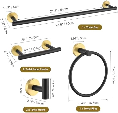 TURS Black and Gold 5 Piece Bathroom Hardware Set, SUS304 Stainless Steel Gold Black Towel Bar Set, 24 Inch Rould Bathroom Accessories Kit Wall Mounted - Image 7