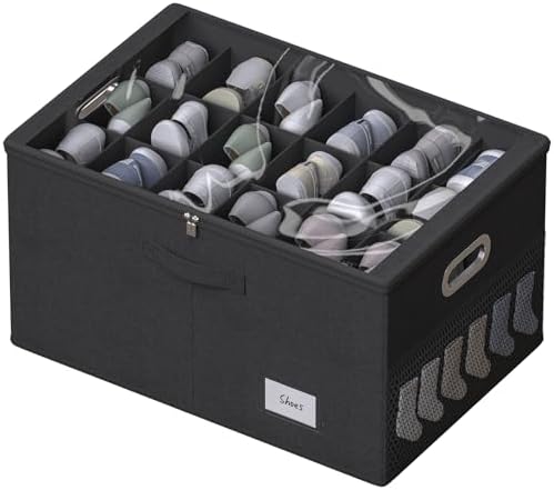 Shoe Organizer for Closet, Shoe Box Storage Containers Fit 18 Pairs Foldable Shoe Storage Bins with Clear Cover & Adjustable Dividers for Shoes Blankets Linen Clothing (Black, (24.4*16.5*12.9)x1) by FHSQX