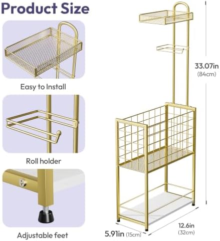SWTYMIKI Freestanding Toilet Paper Holder - 4-Tier Free Standing Toilet Paper Holder Stand with Large Basket, Stand Mega Roll Storage Rack for Extra Rolls, Magazines, Wet Wipes, Gold - Image 7